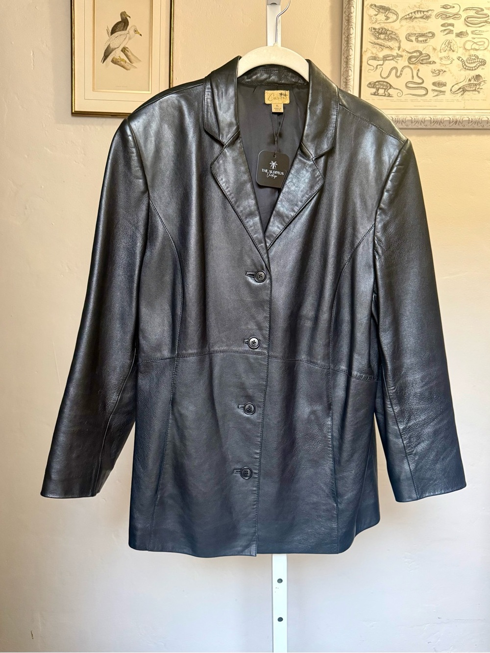 Vintage 90s Caslon Black Lamb Skin Leather Button-Front Jacket Size XL